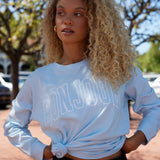 Sky Blue "Bonjour" Pigment Dyed Long Sleeve Tee