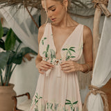 Baby Pink W/ Tonal Green Palm Border Print Rayon Crinkle Dress