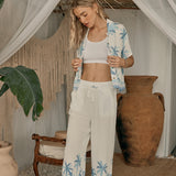 White W/ Tonal Blue Palm Printed Rayon Crinkle Pant