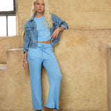 French Blue Solid Rib Lettuce Edge Pants