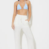 White Solid Rib Lettuce Edge Pants