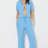 French Blue Solid Rib Lettuce Edge Pants