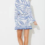 Navy Abstract Leaf Printed Rayon Long Sleeve Dress