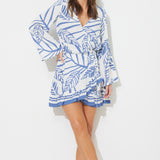 Navy Abstract Leaf Printed Rayon Long Sleeve Dress