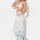 White W/ Tonal Blue Palm Printed Rayon Crinkle Pant