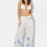 White W/ Tonal Blue Palm Printed Rayon Crinkle Pant