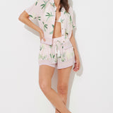 Baby Pink W/ Tonal Green Printed Rayon Crinkle Camp Shirt