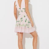 Baby Pink W/ Tonal Green Palm Border Print Rayon Crinkle Dress