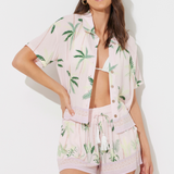 Baby Pink W/ Tonal Green Printed Rayon Crinkle Camp Shirt