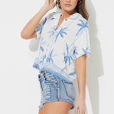 White W/ Tonal Palm Printed Rayon Crinkle Camp Shirt