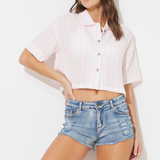 Hot Pink White Striped Gauze Short Sleeve Button Up