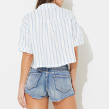 Ocean Blue White Striped Gauze Short Sleeve Button Up