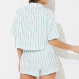 Teal Green White Striped Gauze Short Sleeve Button Up