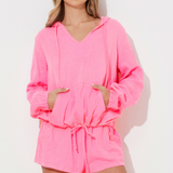 Hot Pink Solid Gauze Hoodie W/ Cinch Waist