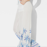 White W/ Tonal Blue Palm Printed Rayon Crinkle Pant